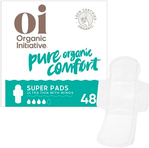 Oi | Organic Initiative - Ultra Thin Pads with Wings, 20 Count (10 Regular/10 Super) | 100% Certified Organic Cotton Pads, Unscented | Leak Free, Biodegradable Thin Pads for Women | Non-GMO, Non Toxic