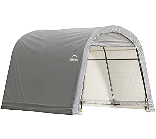 ShelterLogic 10' x 10' Shed-in-a-Box All Season Steel Metal Round Roof Outdoor Storage Shed with Waterproof Cover and Heavy Duty Reusable Auger Anchors, grey