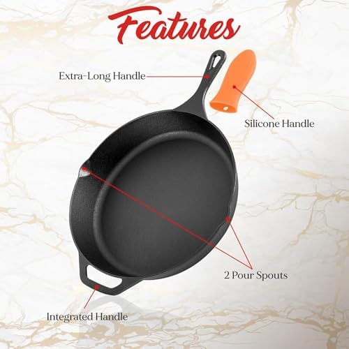 NutriChef 10 Inch Cast Iron Skillet with Lid - Pre-Seasoned Small Fry Pan with Side Drip Spout and Silicone Handle