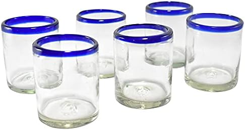 MAREY Hand Blown Drinking Glasses Artisan Crafted from Mexico Set of 6 pieces (Cobalt Blue Rim, Water 16 Oz.)