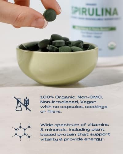 Organic Spirulina Tablets - 120 Tablets | Organic, Non-GMO, No Additives or Fillers - 500mg Premium Quality Dietary Supplement with Vitamins, Minerals, & Antioxidants