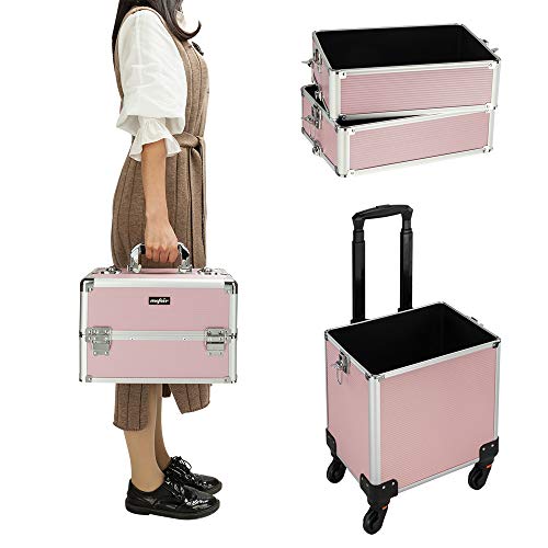 mefeir 4 in 1 Rolling Makeup Train Case, Aluminum Makeup Travel Organizer Cosmetic Case, Cosmetology Display Suitcase on Wheels, Beauty Storage Luggage Lockable w/4 Removable Wheels (Black)