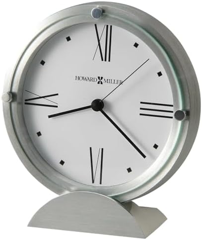 Howard Miller Simon II Tabletop Clock – Brushed Aluminum Finish, White Dial, Roman Numerals, Flat Glass Crystal, Interior Light
