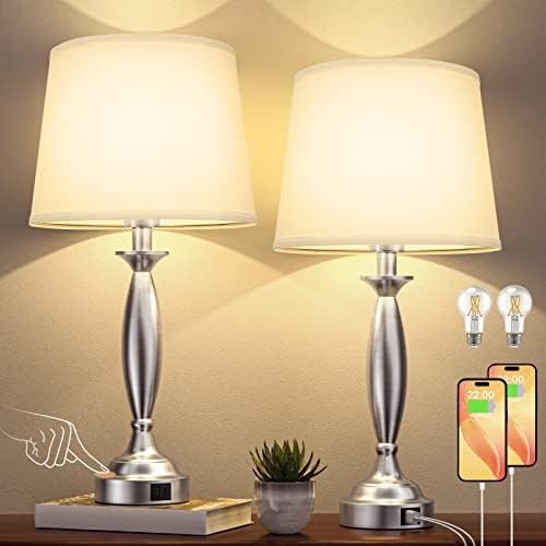 Bedroom Lamps for Nightstand, 3 Way Dimmable Silver Bedside Lamps with USB | Touch, USB C+A Ports, Bulb Included, White Shade, Silver, Chrome