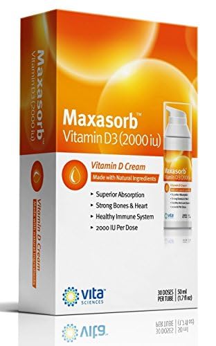 Vita Sciences Maxasorb Vitamin D3 Cream 2,000 IU, Topical Formula - 1.7 Oz | Delivers 2,000 IU of Topical Vitamin D3 Cream Per Pump - Fast-absorbing, Non-greasy, Paraben-Free Daily Skin Moisturizer.