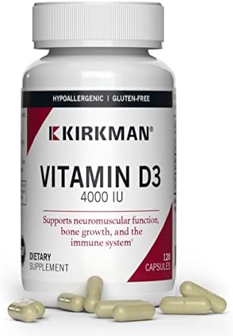 Kirkman Vitamin D-3 4000 IU - Hypoallergenic || 120 Vegetarian Capsules || Gluten Free || Casein Free || Capsules are Plant Based
