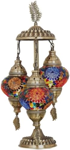 DEMMEX 3-Globe Turkish Moroccan Table Lamp, Tiffany Mosaic Glass Bedside Night Light, Handmade Colorful Mosaic Glass Globes & Antique Brass Finish Base, 21" H, Multicolor