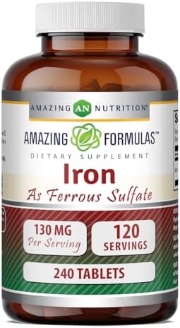 Amazing Formulas Iron as Ferrous Sulfate Supplement | 130 Mg per Serving | 240 Tablets | Non-GMO | Gluten-Free | Made in USA