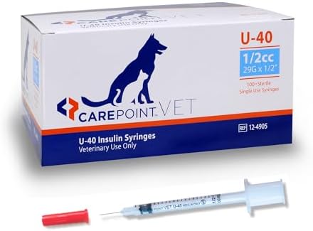 Carepoint Vet U-40 Pet Insulin Syringes, 29G x 1/2" 1/2cc, Comfortable Injection, Bold Permanent Markings for Accurate Dosage, Disposable, Box of 100