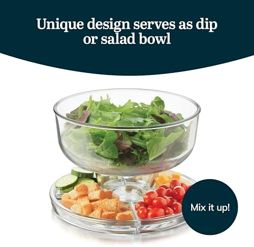 Libbey Selene 6-in-1 Domed Cake Stand, Unique Space Saving Glass Cake Stand with Dome, Multi-Purpose Dip Bowl To Serve Snacks and More