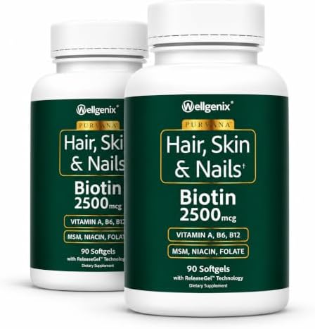 Wellgenix Purvana Hair Skin and Nails Supplement – 2500mcg Biotin Softgels with MSM & B-Complex – Daily Beauty Support for Stronger Nails & Hair Vitality – 90 Softgels | MSM, alpha lipoic acid & grape seed softgels for thicker-looking hair, stronger-look…