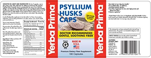 Yerba Prima Psyllium Husk Caps - 180 Capsules (Pack of 2) - Easy to Swallow Fiber Supplement - Colon Cleanse - Gut Health - Non-GMO Gluten Free
