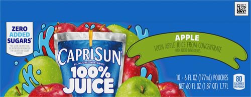 Capri Sun 100% Juice from Concentrate, 10 Pouches Apple Juice, 6 fl oz | for School Lunches and On-the-Go Hydration, All Natural Ingredients, No Artificial Colors, Flavors Or Preservatives