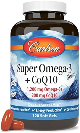 Carlson Super Omega-3 Gems + CoQ10, 1200 mg, Omega-3s, 60 Softgels | 200 mg CoQ10; Norwegian; Wild Caught; Sustainably Sourced