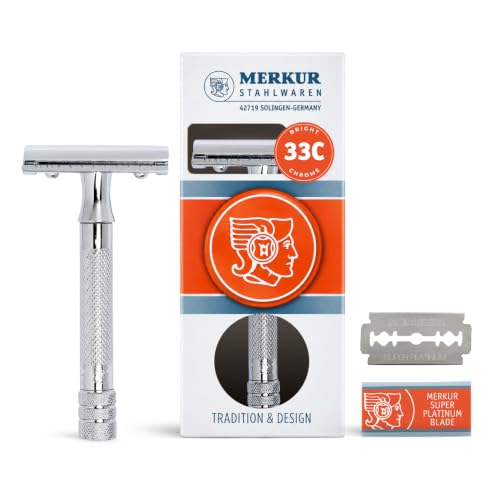 MERKUR 23C Double Edge Safety Razor - Polished Chrome, Long Knurled Brass Handle, Made in Germany, Plastic-Free, Three Piece Design, Closed Comb, Straight Bar