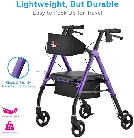 NOVA Star 6 Foldable Rollator Walker for Seniors, Wide Padded Backrest with Seat, 6” All-Terrain Wheels, Easy-Grip Locking Hand Brakes, Height Adjustable, Blue