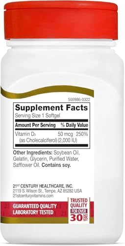 21st Century Vitamin D3 2000 IU Softgels, Bone & Immune, 250 Count | Vitamin D3 2000 IU Fast-Release Liquid Softgels, Bone Health, Immune Support & Calcium Absorption, Value 250-count Bottle