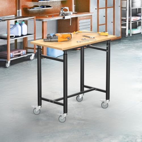 TORACK Adjustable Workbench with Rubberwood Top, Rolling 32x18 in Worktable | Height adjustable 28"–38", heavy-duty garage workbench with Wheels, up to 1000 lbs