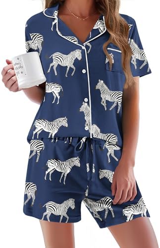 Ekouaer Pajamas Set for Women Short Sleeve Sleepwear Button Down Pj XS-XXXL | Summer 2 Piece Lounge Set, Soft Fabric, Drawstring Waistband, for Bridesmaid Bride Party, Plus Size, Petite, Cute Pattern