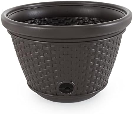 Suncast Decorative Wicker Garden Hose Holder Pot with 4 Drain Holes for 100 Foot Hoses, Java