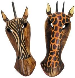 Unknown Brand 10" Pair of Giraffe and Zebra Hand Carved Tribal Head Masks - Wooden Animal Wall Masks - Painted - Modern - All Seasons