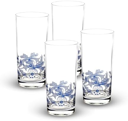 Spode Blue Italian Highball Glasses, 15 Oz - Blue & White, Set of 4 | Blue Italian Collection, Tall Tumbler for Serving Mojitos, Cocktails, Spritzers & Fruit-Infused Beverages, Glass Construction