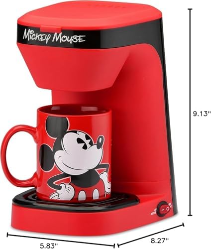 Disney Mickey Mouse 1-Cup Coffee Maker with 12 oz Mug by Select Brands - Kitchen Appliance for Drip Coffee - Home Appliance with Mickey Mouse Mug &
