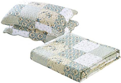 New Reversible 3pc Floral Printed Patchwork Blue/Green Bedspread/Quilt Set Matching Curtains Available (King/Cal King Size)