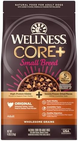 Wellness CORE+ Small Breed Adult Dry Dog Food with Freeze Dried Pieces, Wholesome Grain Kibble+, Natural, High Protein, Turkey and Chicken Recipe, 4 lb Bag