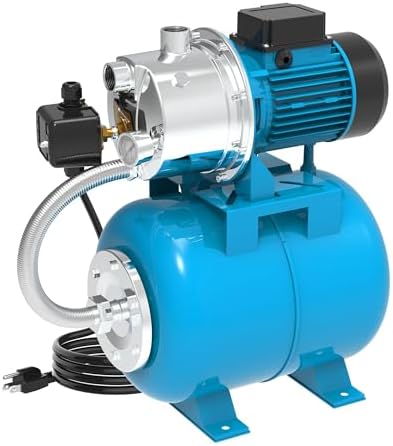 LEO Shallow Well Pump with Pressure Tank 1.5HP, Irrigation Jet Pump 1200 GPH Automatic Booster Sprinkler System,Stainless Steel Water Transfer Camp Pumps for Home, Garden, Lawn