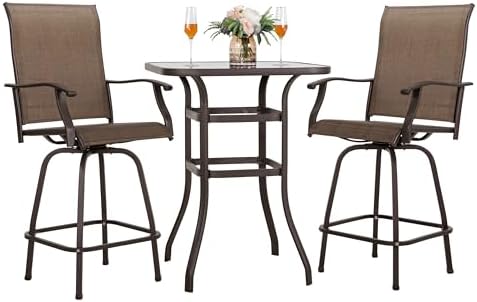 NUU GARDEN 3 Piece Patio Bar Set, All Weather Mental Textilene High Stools Set Outdoor Swivel Bar Chair Set of 2 and High Silk Screen Glass Bar Table
