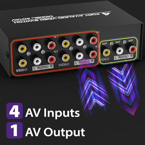 Fosmon 4-Way RCA Splitter AV Switcher 4 in 1 Out Audio Video Selector Box | 4 in 1 out female 4-way RCA composite AV switcher selector switch box with cable for HDTV STB DVD retro game consoles.