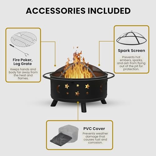 Fire Pit - 32-Inch Outdoor Wood Burning Firepit with Screen, Poker, and Cover - Outdoor Fire Pits for Backyard, Deck, or Patio by Pure Garden (Black)