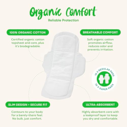 Oi | Organic Initiative - Ultra Thin Pads with Wings, 20 Count (10 Regular/10 Super) | 100% Certified Organic Cotton Pads, Unscented | Leak Free, Biodegradable Thin Pads for Women | Non-GMO, Non Toxic