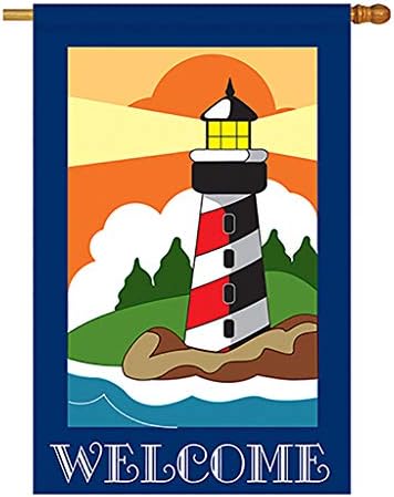 Two Group H106052-P2 Lighthouse Coastal Nautical Applique Decorative Vertical 28" x 44" Double Sided House Flag