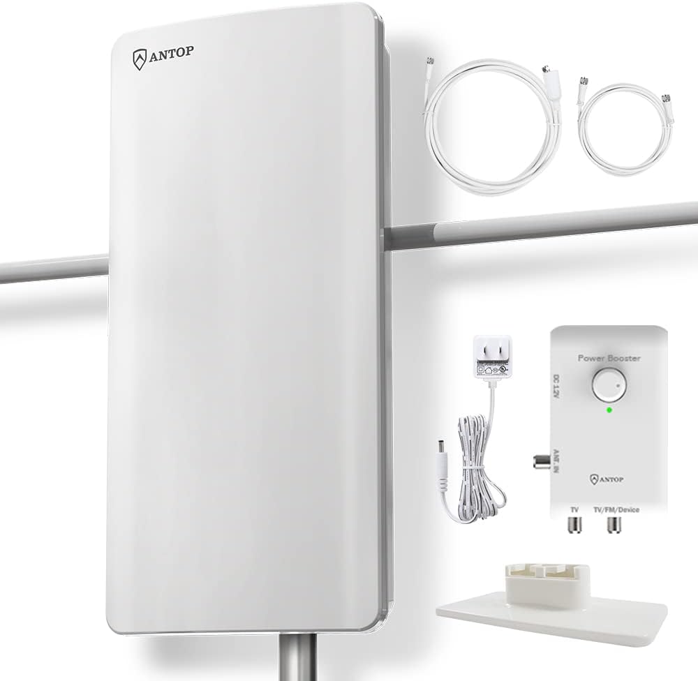 ANTOP HDTV ＆ FM Amplified Antenna 85 Miles AT-800SBS with Dual Outputs Smart Boost System, Support TV and Second Device-FM Stereo