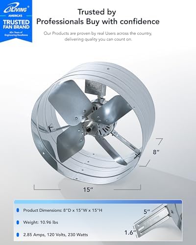 iLiving ILG8G14-12T Automatic Gable Mount Attic Ventilator Fan with Adjustable Thermostat, 2.85 Amp, 2339 CFM, Single-Speed | Automatic