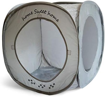 Home Sweet Home Pop Up Cat Cube. A Collapsible Indoor Cat House. Covered Pet Bed Hideaway Cave for Dogs and Other Pets Too. (Pop Up Cube- Gray)
