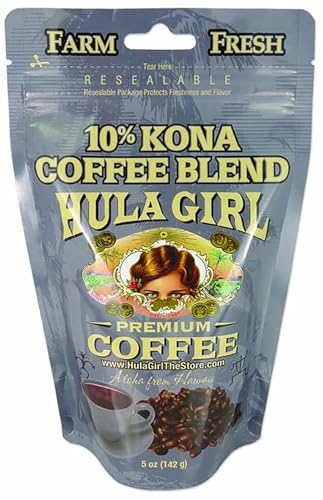 Hula Girl 10% Kona Ground Coffee, Grown in Hawaii, Hand Picked, Sun Dried, Fresh Roasted and Packed in Hawaii for 30 years, 7 Ounce