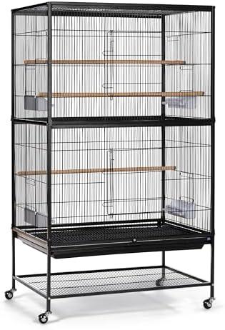 Prevue Pet Products Steel Bird Flight Cage with Wheels - Black, Large | Large Birdcage for Parakeets, Canaries, Finches, Cockatiels, Lovebirds, & Green Cheeks, Metal Standing Birdcage