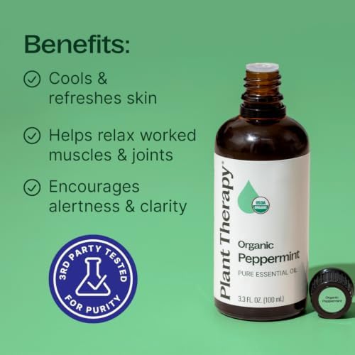 Plant Therapy Organic Peppermint Essential Oil, 100 mL (3.3 oz), 100% Pure and Undiluted, USDA Certified Organic, for Diffusion, Skin, and Hair