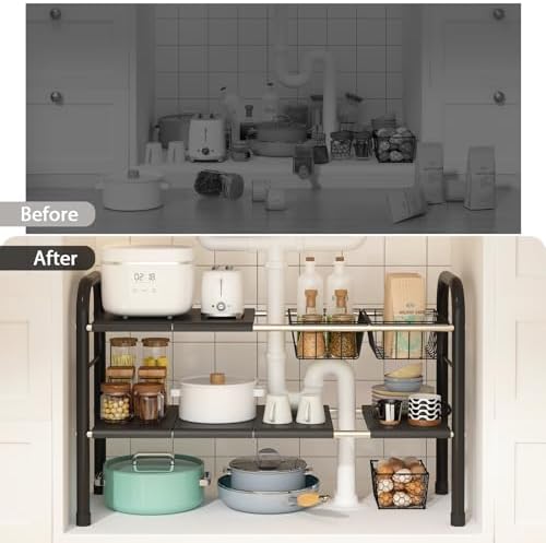 Expandable Under Sink Organizer, 2 Tier Under Sink Shelf | With 2 Removable Baskets and 6 Removable Panels