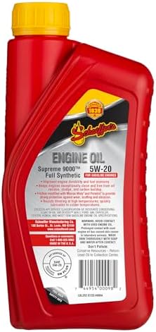 Schaeffer Manufacturing Co. 9005-012 Supreme 9000 Full Synthetic Gasoline Engine Oil 0W-20, 1-Quart Bottle (Pack of 12)