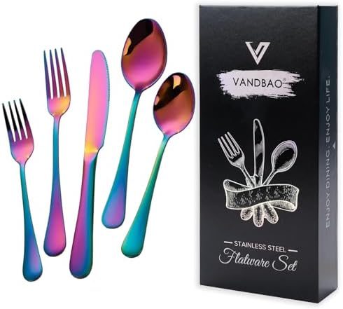 VANDBAO Rainbow Flatware Cutlery Silverware Set 20 Pieces, Stainless Steel Colorful Utensils, Tableware Set Service for 4, Include Knife/Fork/Spoon