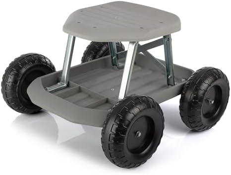 Pure Garden Rolling Garden Seat with Wheels and Tool Tray, Black/Green | Gardening Stool Garden Cart Scooter with Storage for Yard Tools