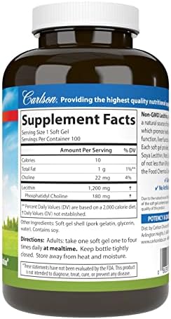 Carlson Lecithin, Non-GMO, 1200 mg, 100 Softgels | Nervous System Health; Liver Function; Unbleached Soy Lecithin