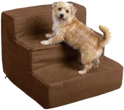 3-Step Pet Stairs - Nonslip Foam Dog and Cat Steps with Removable Zippered Microfiber Cover - 2-Tone Design for Home or Vehicle Use by PETMAKER (Tan) | 3-Step Pet Steps for High Bed and Couch - Pet Stairs with Nonslip Bottom, High-Density Foam, and Remov…