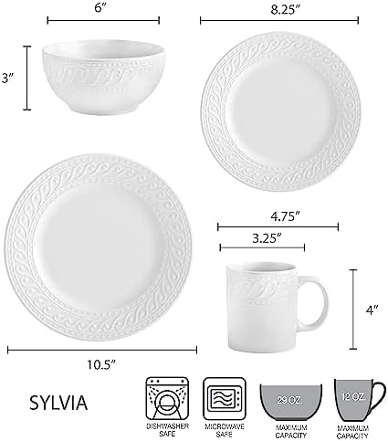 Pfaltzgraff Sylvia Dinnerware Set 32-Piece Service for 8 - White Porcelain Dinner Plates, Salad Plates, Soup Bowls and Mugs with Embossed Scrollwork