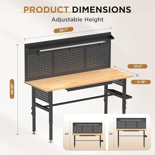 60 Inch Heavy Duty Workbench with Storage Cabinet, Wooden Top, 2000 lbs Capacity, Garage Work Table with Pegboard, Power Outlet, Leveling Feet, Black