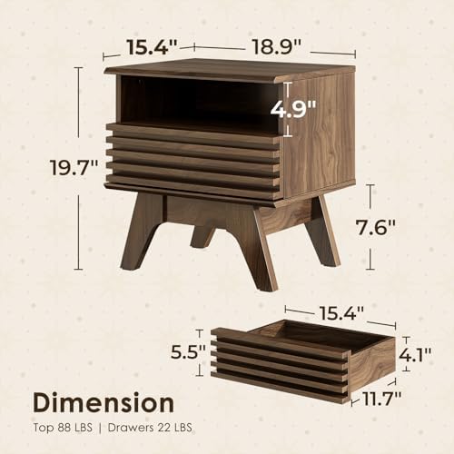 AODK 19 Inch Wide Fluted Nightstand Set of 2 with Drawer, Dark Walnut | Open Storage Shelf, Smooth Metal Slides, 4 Stable Legs